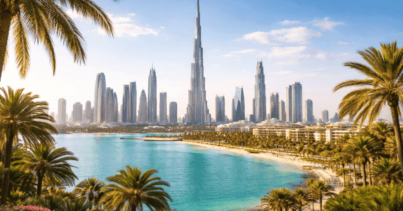 panorama Dubaju w ciągu dnia, nowoczesny skyline z Burj Khalifa