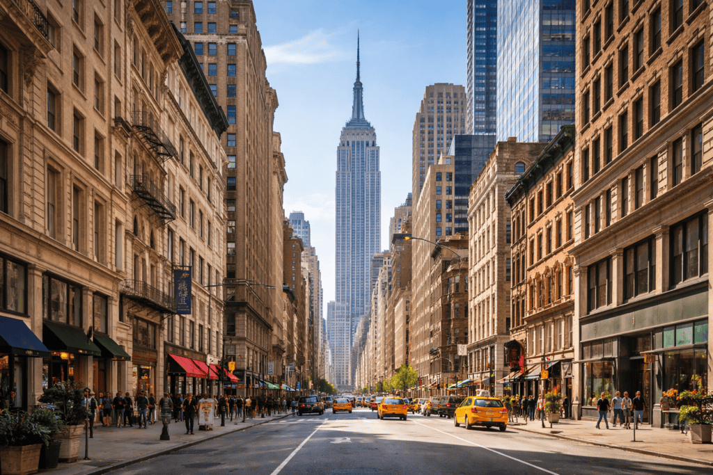 Widok na Empire State Building między budynkami – CityPASS Nowy Jork klasyki
