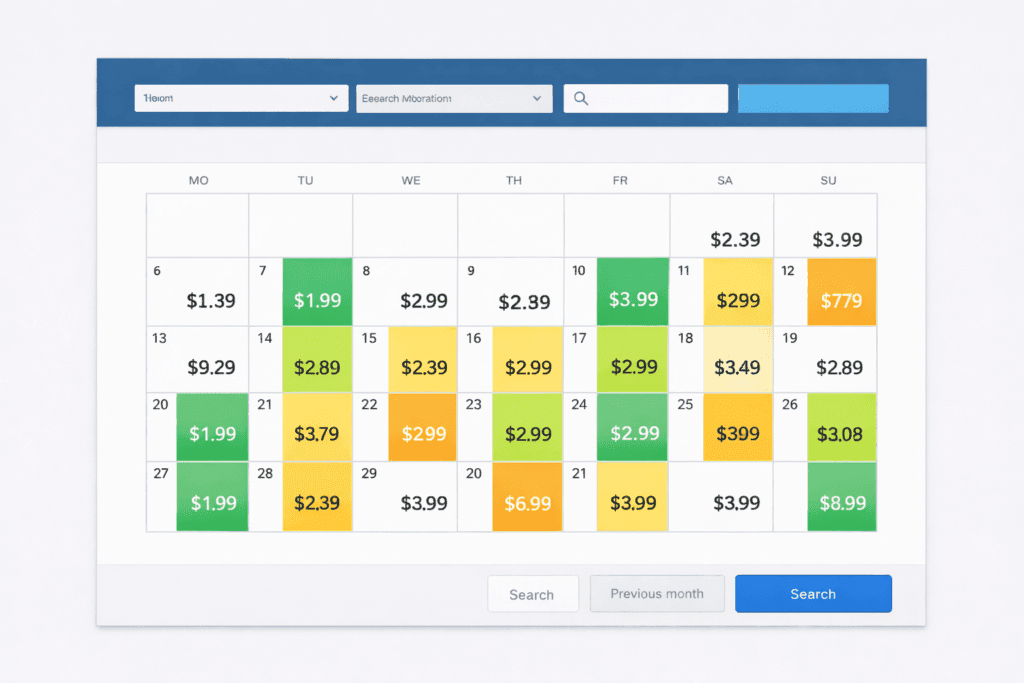 Kalendarz cen lotów pokazujący różnice cen między datami