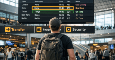 Przesiadki na osobnych biletach – podróżny planujący self-transfer na lotnisku