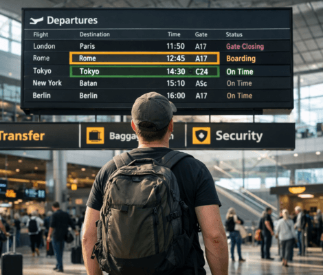 Przesiadki na osobnych biletach – podróżny planujący self-transfer na lotnisku