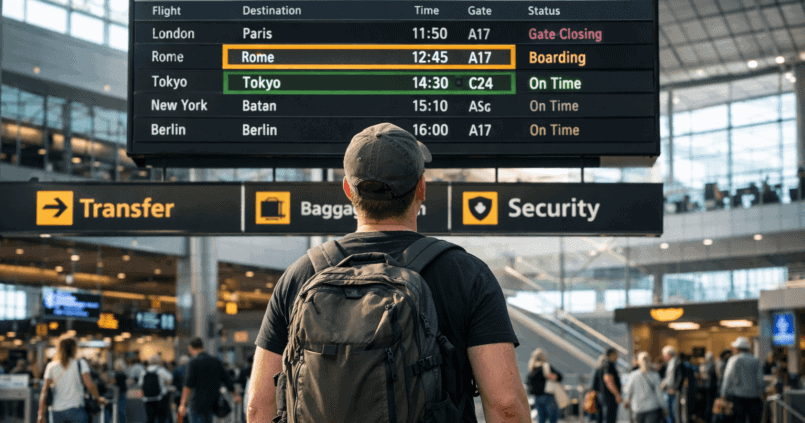 Przesiadki na osobnych biletach – podróżny planujący self-transfer na lotnisku