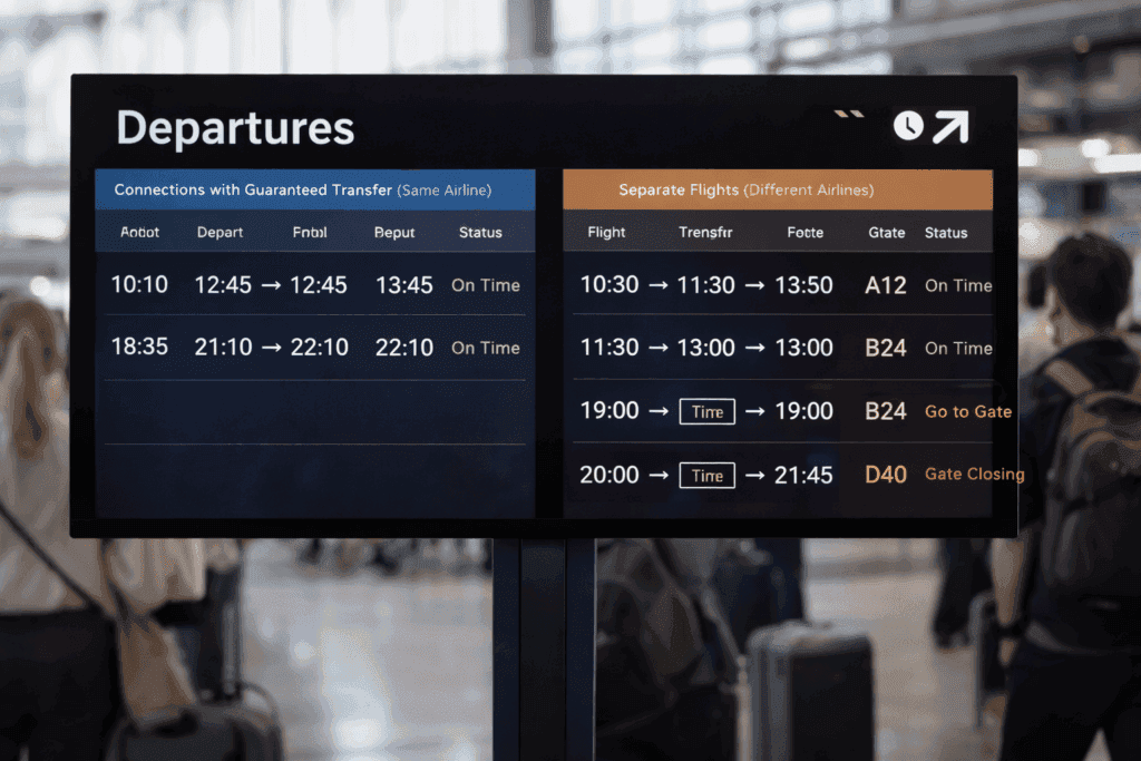 Porównanie przesiadki na jednym bilecie i selftransfer na lotnisku