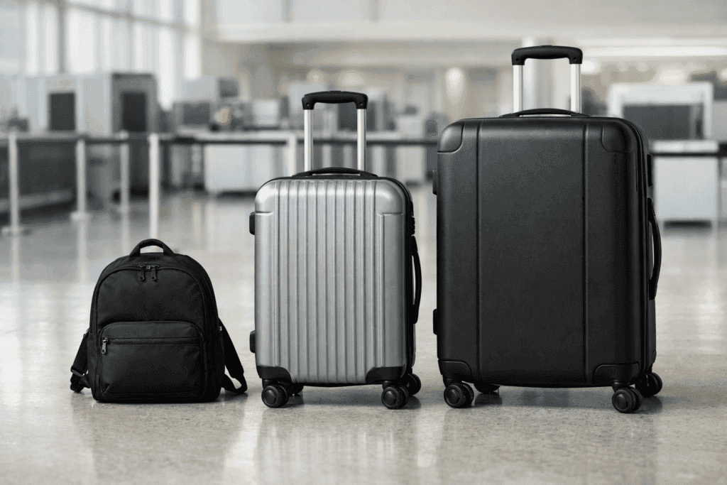 Porównanie personal item, walizki kabinowej i bagażu rejestrowanego na lotnisku