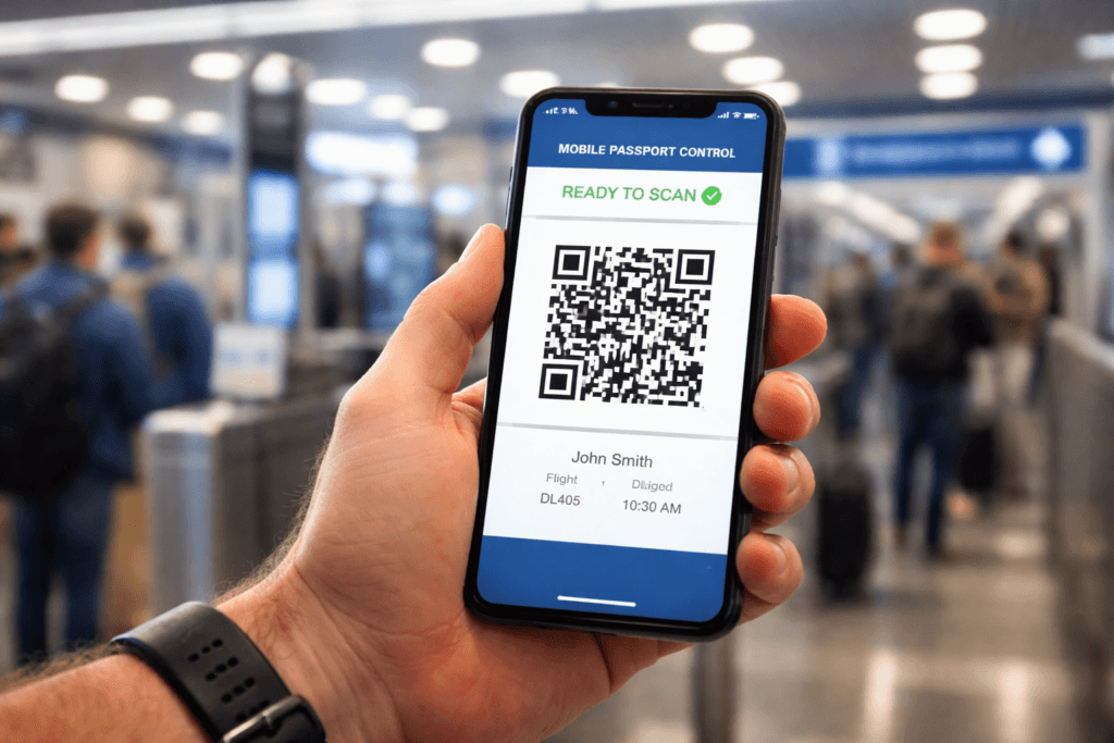 Aplikacja Mobile Passport Control kod QR na smartfonie podczas odprawy USA