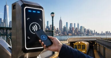 Czytnik systemu OMNY w Nowym Jorku i płatność telefonem przy wejściu do metra w Nowym Jorku z panoramą Manhattanu w tle