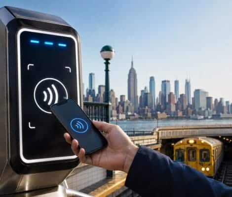 Czytnik systemu OMNY w Nowym Jorku i płatność telefonem przy wejściu do metra w Nowym Jorku z panoramą Manhattanu w tle